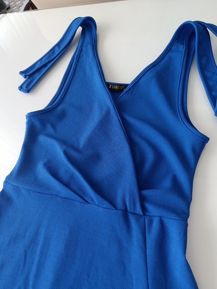 Mavi Uzun Kollarsız Drapeli Kadın Elbise - Görsel 3