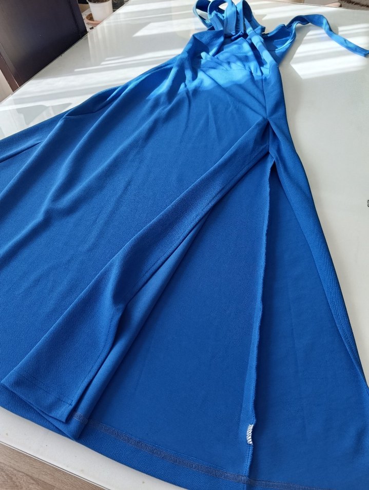 Mavi Uzun Kollarsız Drapeli Kadın Elbise - Görsel 4