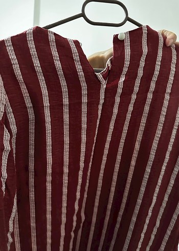 Bordo Çizgili Pilili Uzun Kadın Elbise - Görsel 3