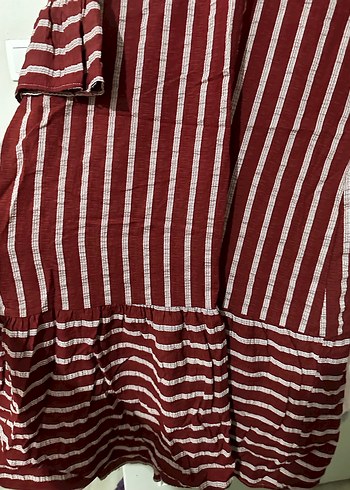 Bordo Çizgili Pilili Uzun Kadın Elbise - Görsel 2