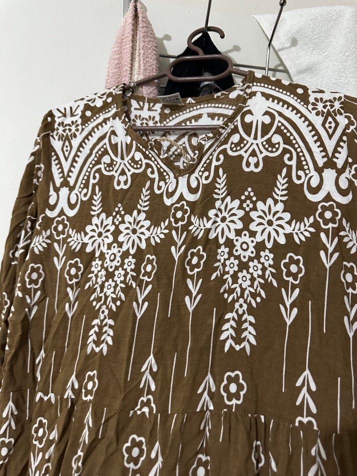Bohem Nakışlı Uzun Kahverengi Elbise - Görsel 2