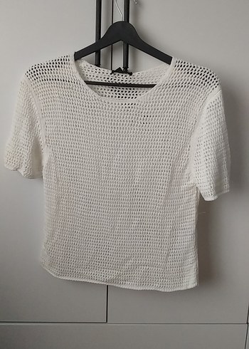 Beyaz Örgü Kısa Kollu Crop Top massimo dutti