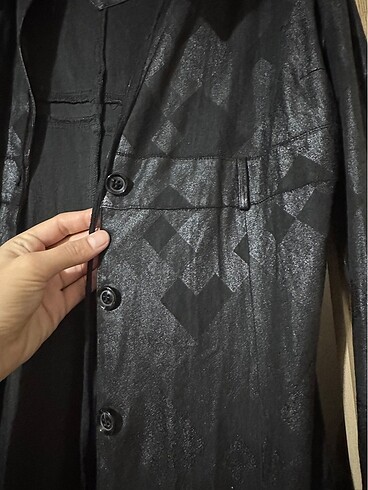 Siyah Deri görünümlü günlük trenç - Görsel 5