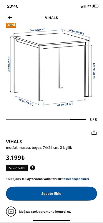  Beden Renk İkea 74x74 mutfak masası