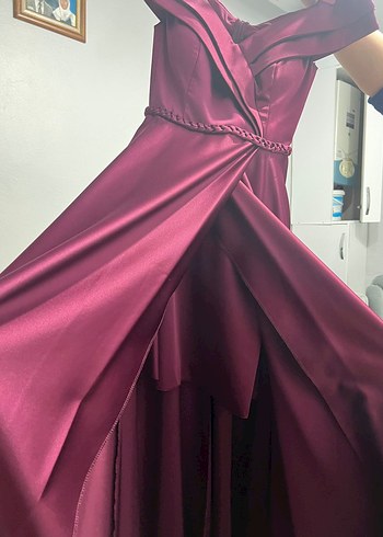 Bordo Uzun Drapeli Kadın Abiye Elbise - Görsel 3