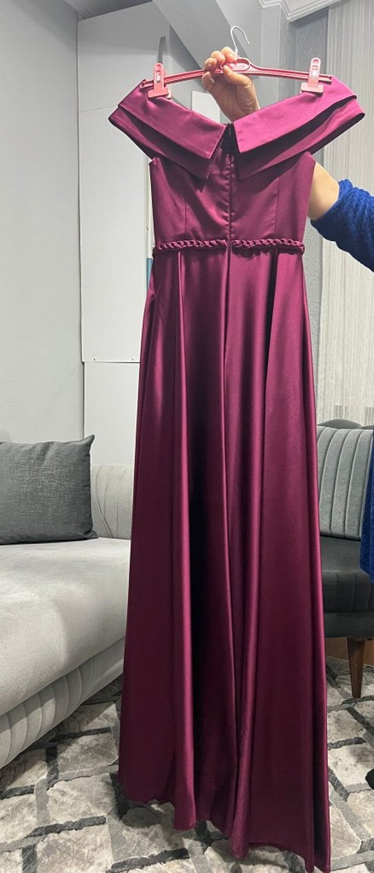 Bordo Uzun Drapeli Kadın Abiye Elbise - Görsel 2
