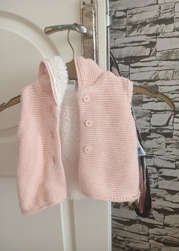 Kız Çocuk Kapüşonlu Pembe Triko Yelek