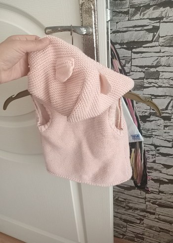 3-6 Ay Beden Kız Çocuk Kapüşonlu Pembe Triko Yelek
