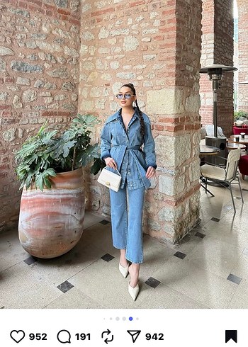 m Beden Uzun Kesim Kemerli Mavi Denim Ceket ve pantolon
