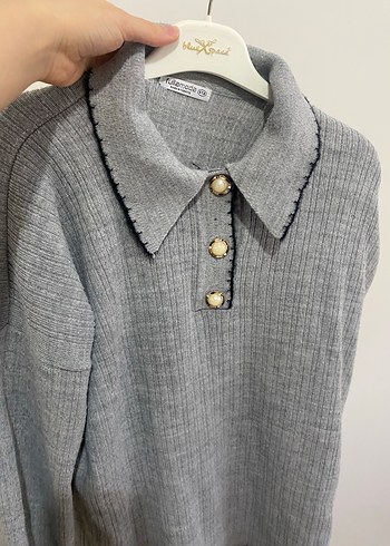 Düğmeli Gri Triko Kadın Kazak - Görsel 2