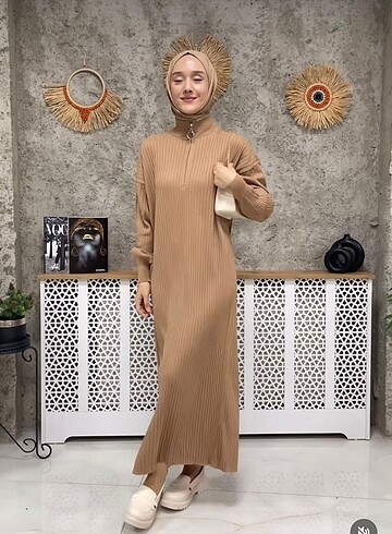 universal Beden camel Renk Fermuarli triko elbise