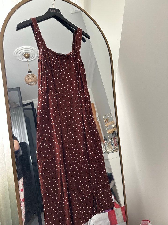 Kahverengi Puantiyeli Askılı Midi Elbise - Görsel 2