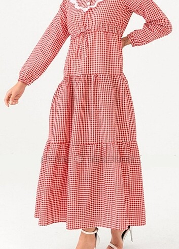 42 Beden Kırmızı-Beyaz Pötikare Uzun Tesettür kore tarzı Elbise vintage 