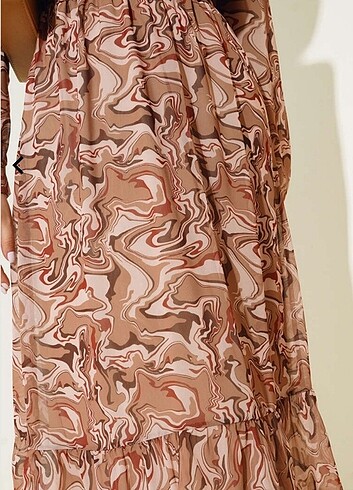 Dalga Desenli Bej Kahve Vizon midi Şifon şık elbise - Görsel 4