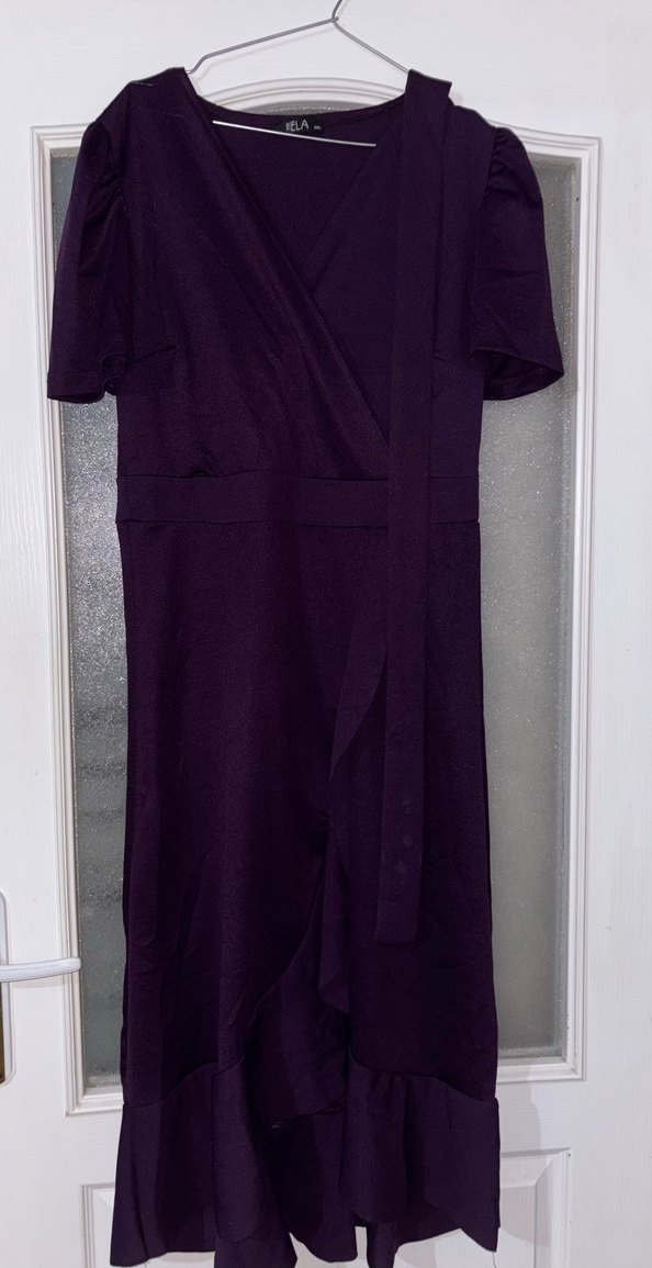 Mürdüm Kısa Kollu Midi Elbise Krep Kumaş - Görsel 2