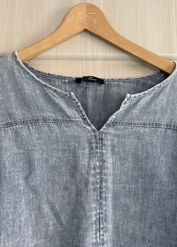 Gri V Yaka Uzun Kollu Denim Gömlek - Görsel 3