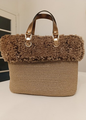 Kürk Detaylı Tığ Örgü Triko Hasır Kadın El Çanta - Görsel 2