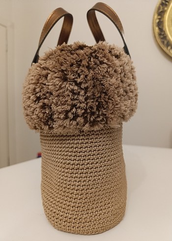 Kürk Detaylı Tığ Örgü Triko Hasır Kadın El Çanta - Görsel 3