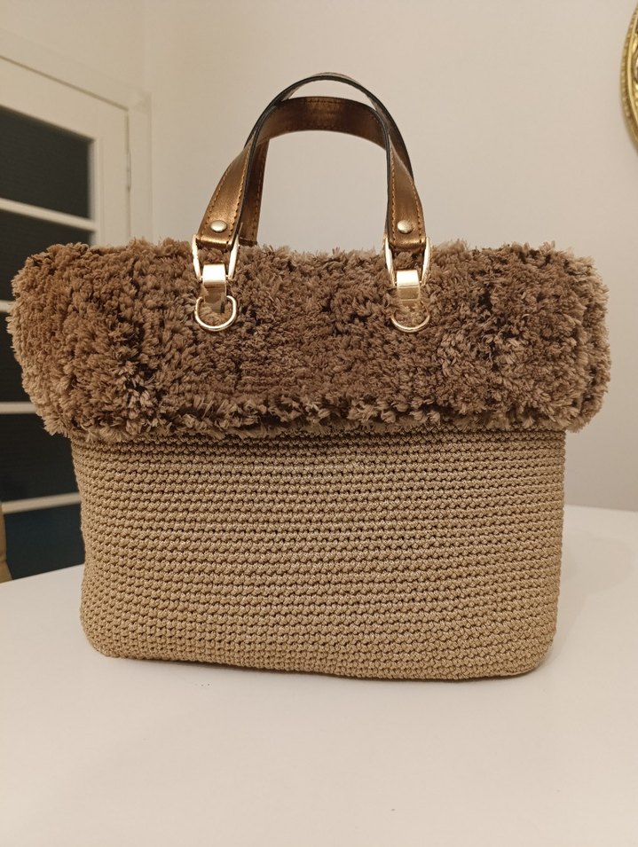 Kürk Detaylı Tığ Örgü Triko Hasır Kadın El Çanta - Görsel 2