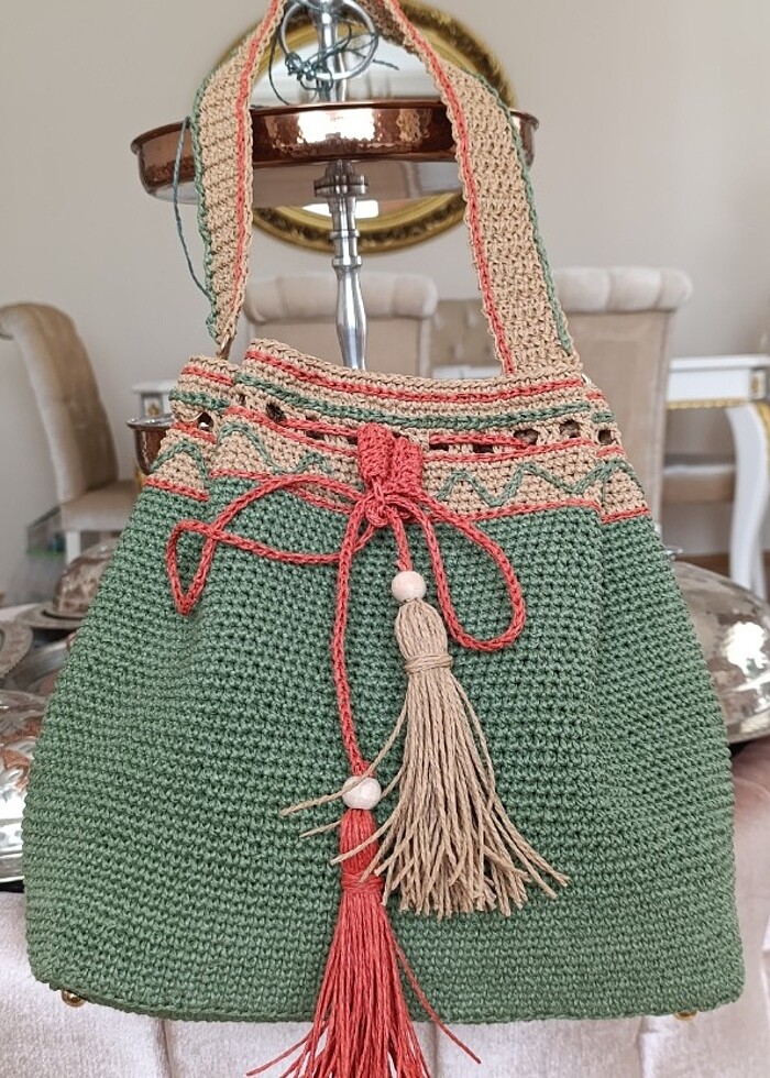 EL ÖRGÜSÜ KAĞIT İP HASIR BAYAN ÇANTA - Görsel 4