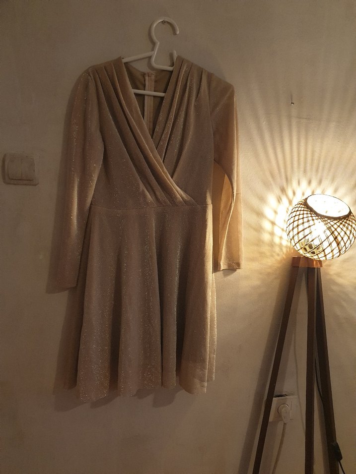 Bej Parlak Midi Kadın Abiye Elbise - Görsel 2