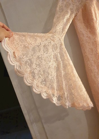 Bej Dantel Uzun Kollu Bohem Elbise - Görsel 5