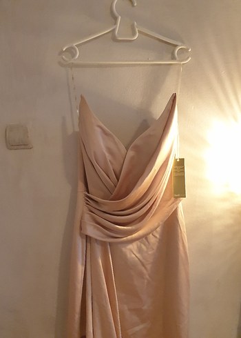 Bej Drapeli Uzun Abiye Elbise - Görsel 7