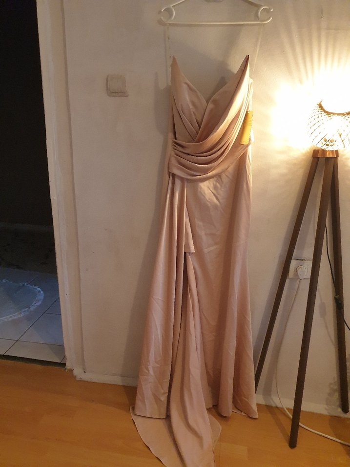 Bej Drapeli Uzun Abiye Elbise - Görsel 2