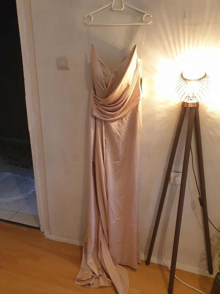 Bej Drapeli Uzun Abiye Elbise - Görsel 5