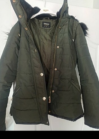 Kadın Haki Kürklü Yüksek Yakalı Kış Montu - Görsel 2