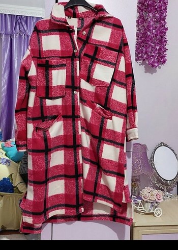 Pembe Ekose Desenli Uzun Kadın Kaban Gömlek - Görsel 4