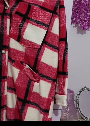 Pembe Ekose Desenli Uzun Kadın Kaban Gömlek - Görsel 3