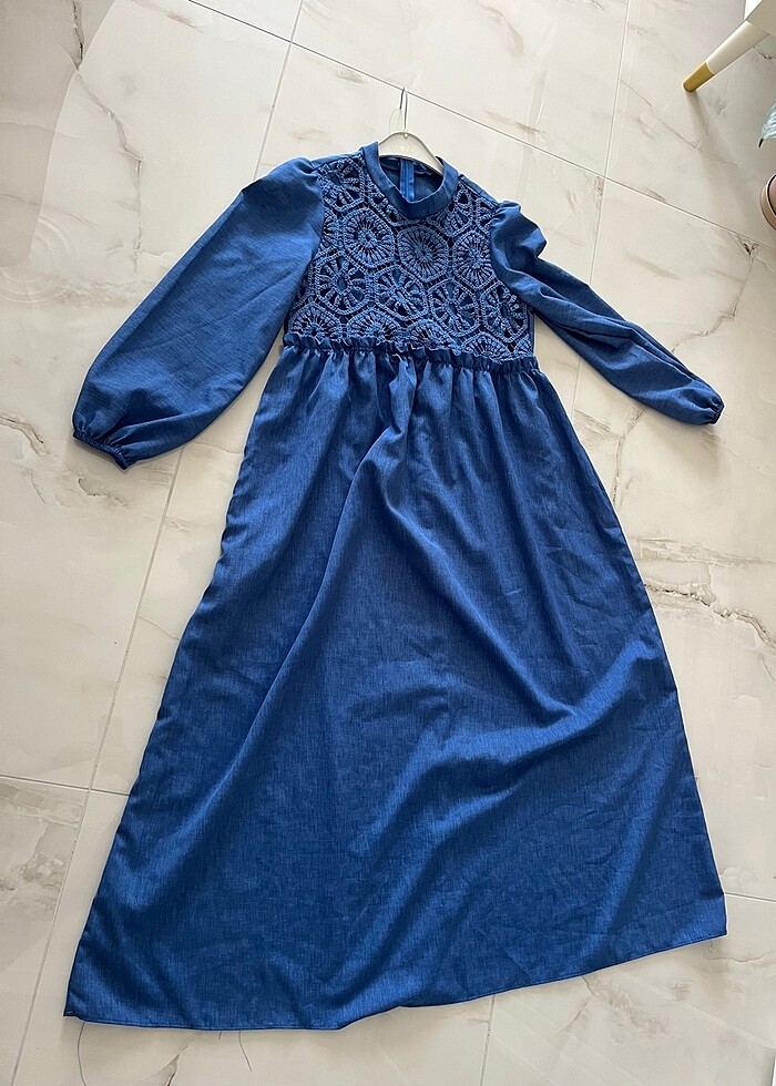 Dantel detay mavi elbise 42 - Görsel 3