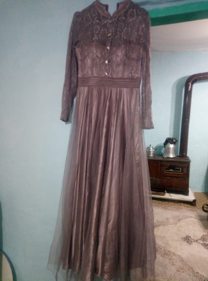 Bej Uzun Kollu V Yaka Kadın Elbise - Görsel 2