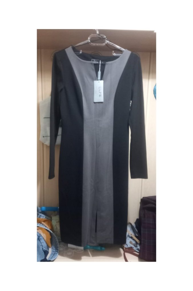 Uzun Kollu Siyah Gri Ofis Elbisesi - Görsel 2