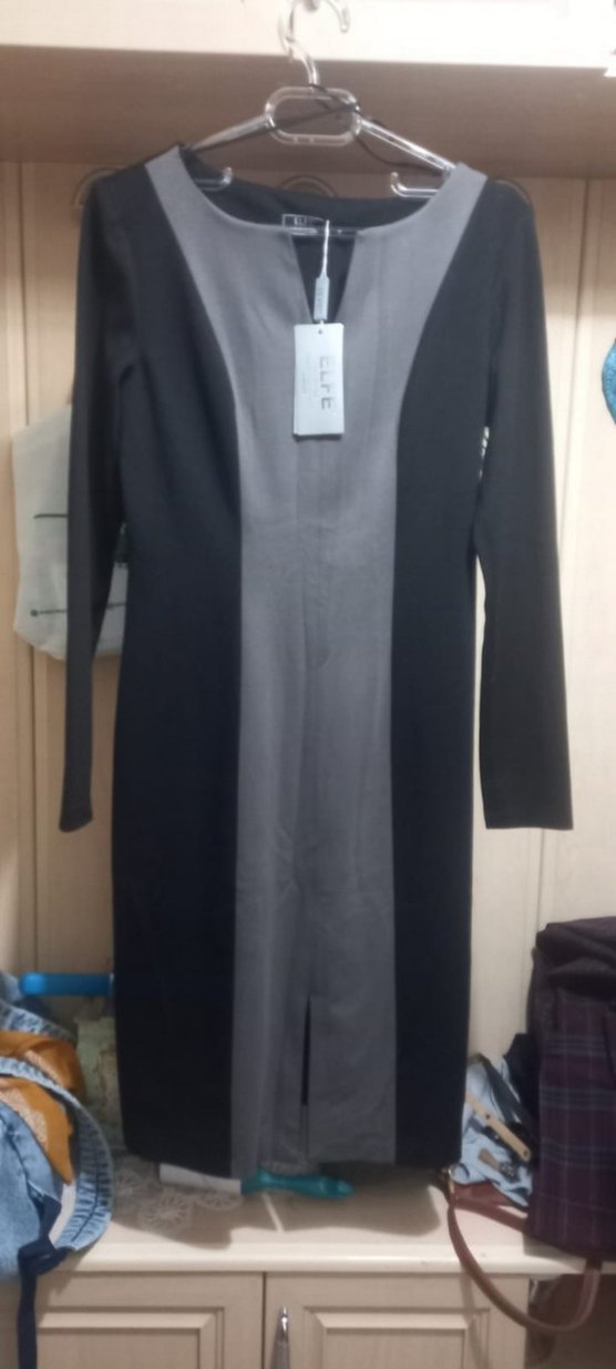 Uzun Kollu Siyah Gri Ofis Elbisesi - Görsel 3