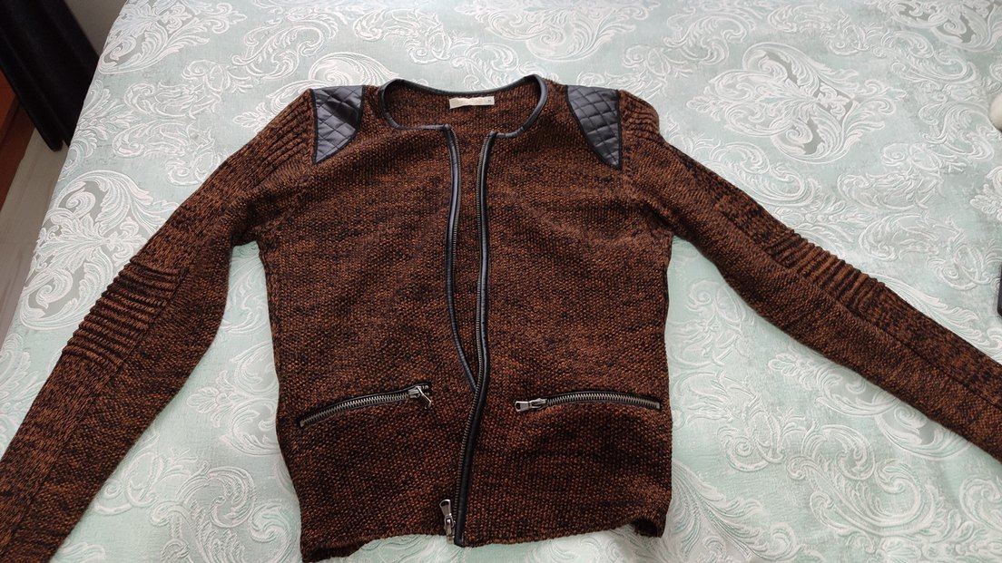 Kahverengi Triko Fermuarlı Biker Ceket - Görsel 4