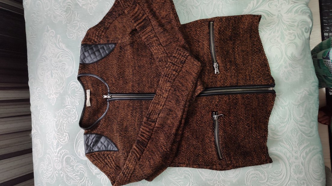 Kahverengi Triko Fermuarlı Biker Ceket - Görsel 2