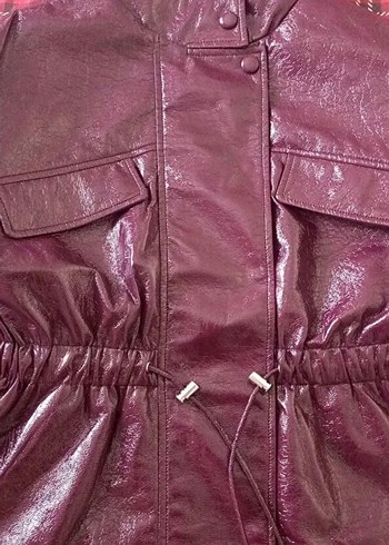 Bordo Parlak Deri Kemerli Ceket - Görsel 3