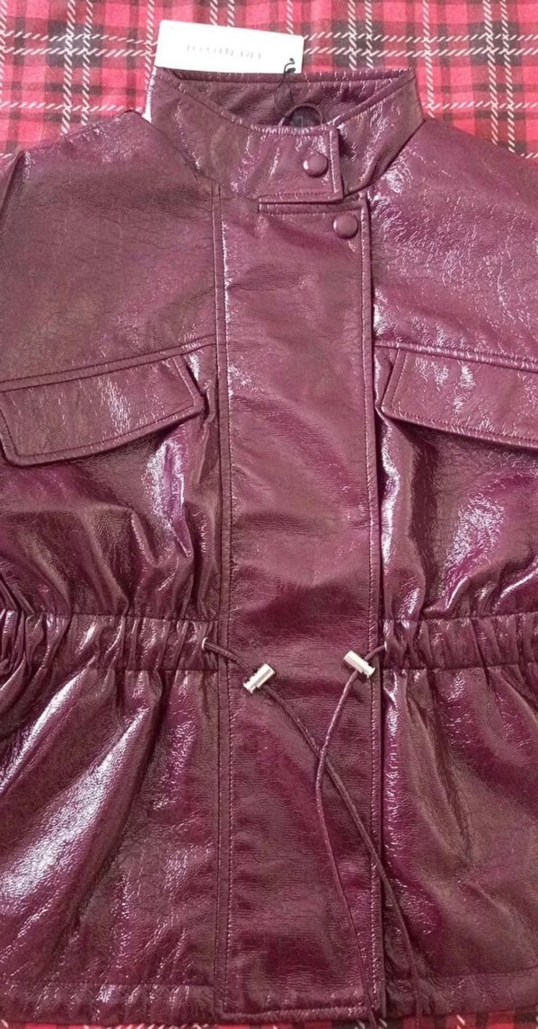 Bordo Parlak Deri Kemerli Ceket - Görsel 3