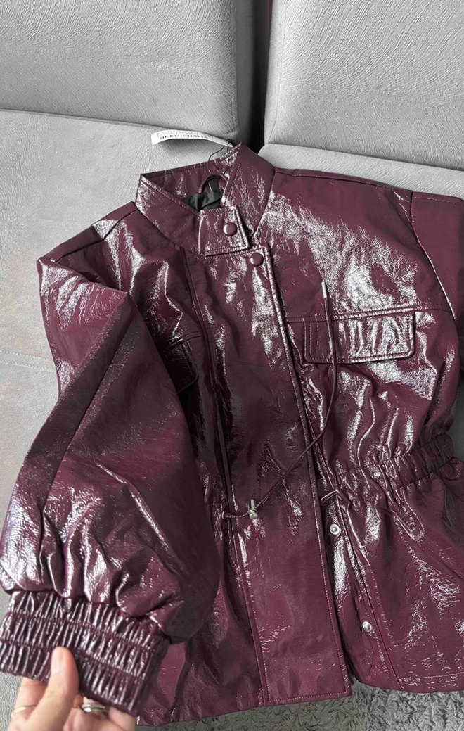 Bordo Parlak Deri Kemerli Ceket - Görsel 2