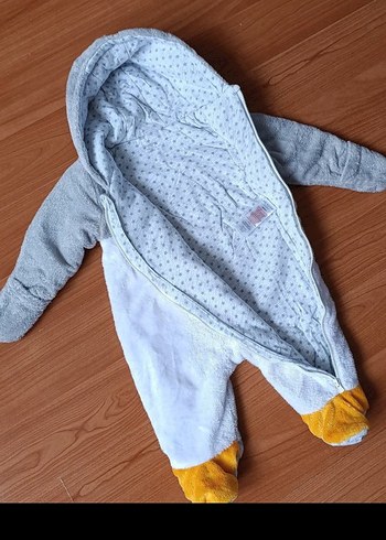 Gri Peluş Bebek Tulumu, Kapüşonlu, Baskılı - Görsel 3