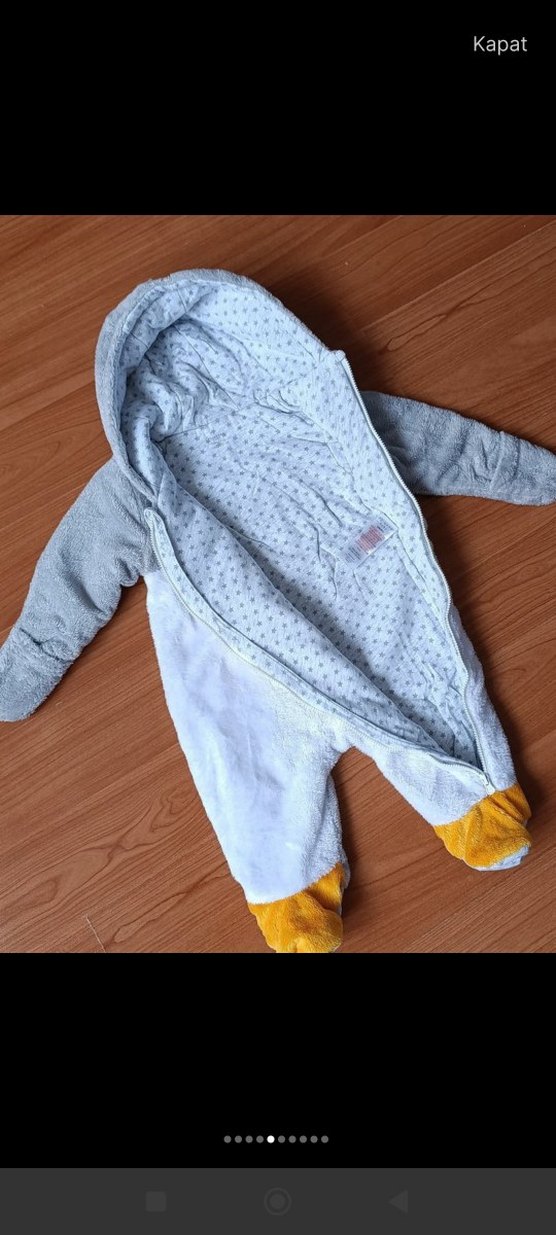 Gri Peluş Bebek Tulumu, Kapüşonlu, Baskılı - Görsel 3