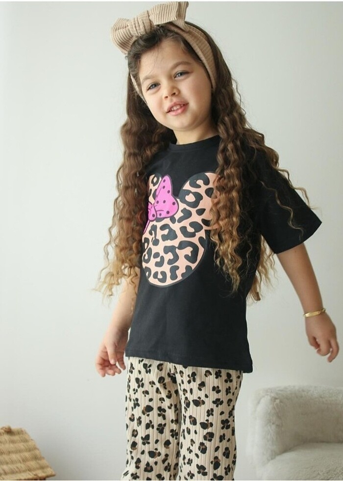 Leopar desenli tayt tişört takım - Görsel 2