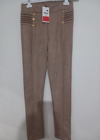 Düğmeli Bej Süet Kadın Kumaş Pantolon - Görsel 5