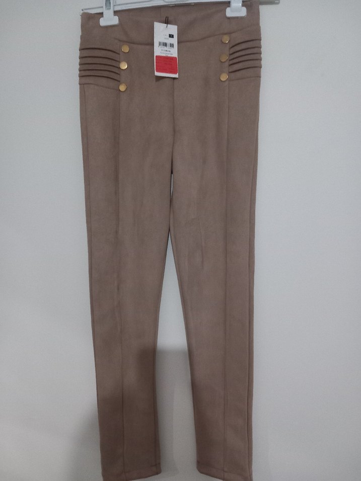 Düğmeli Bej Süet Kadın Kumaş Pantolon - Görsel 5