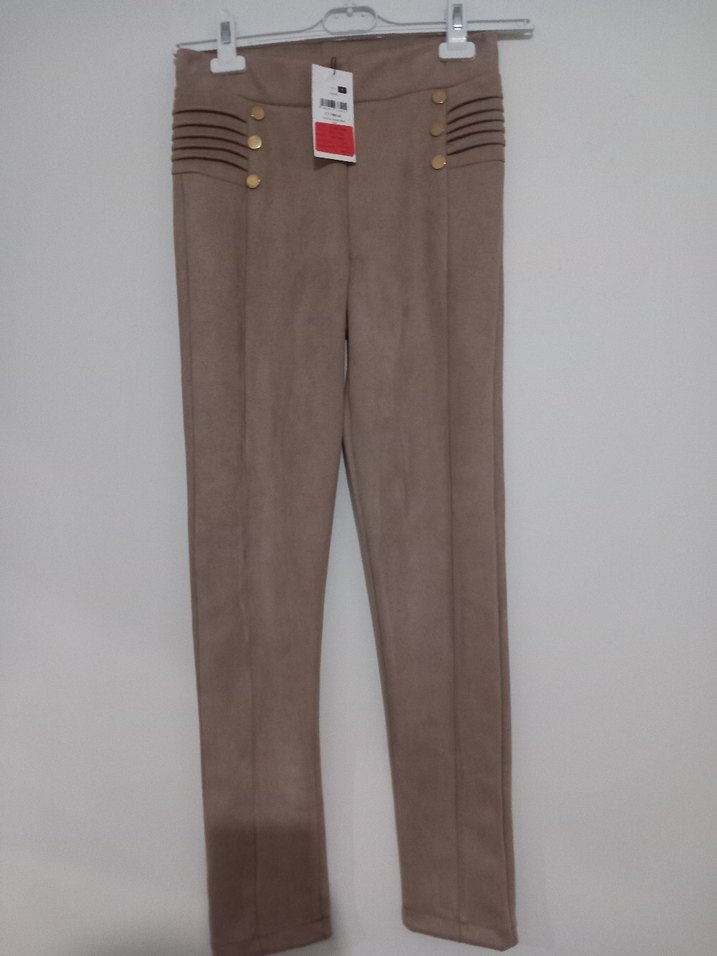 Düğmeli Bej Süet Kadın Kumaş Pantolon - Görsel 2