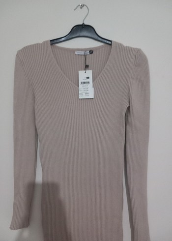 Bej Triko Uzun Kollu Kadın Elbise - Görsel 5