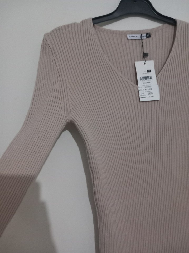 Bej Triko Uzun Kollu Kadın Elbise - Görsel 4