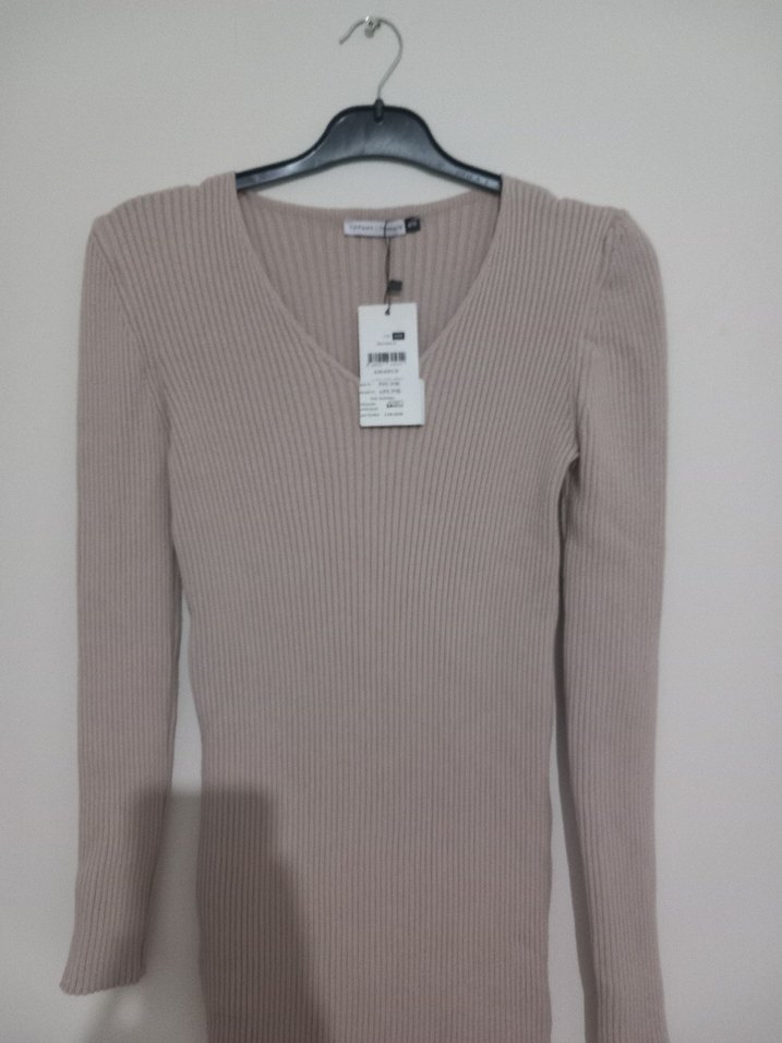 Bej Triko Uzun Kollu Kadın Elbise - Görsel 5